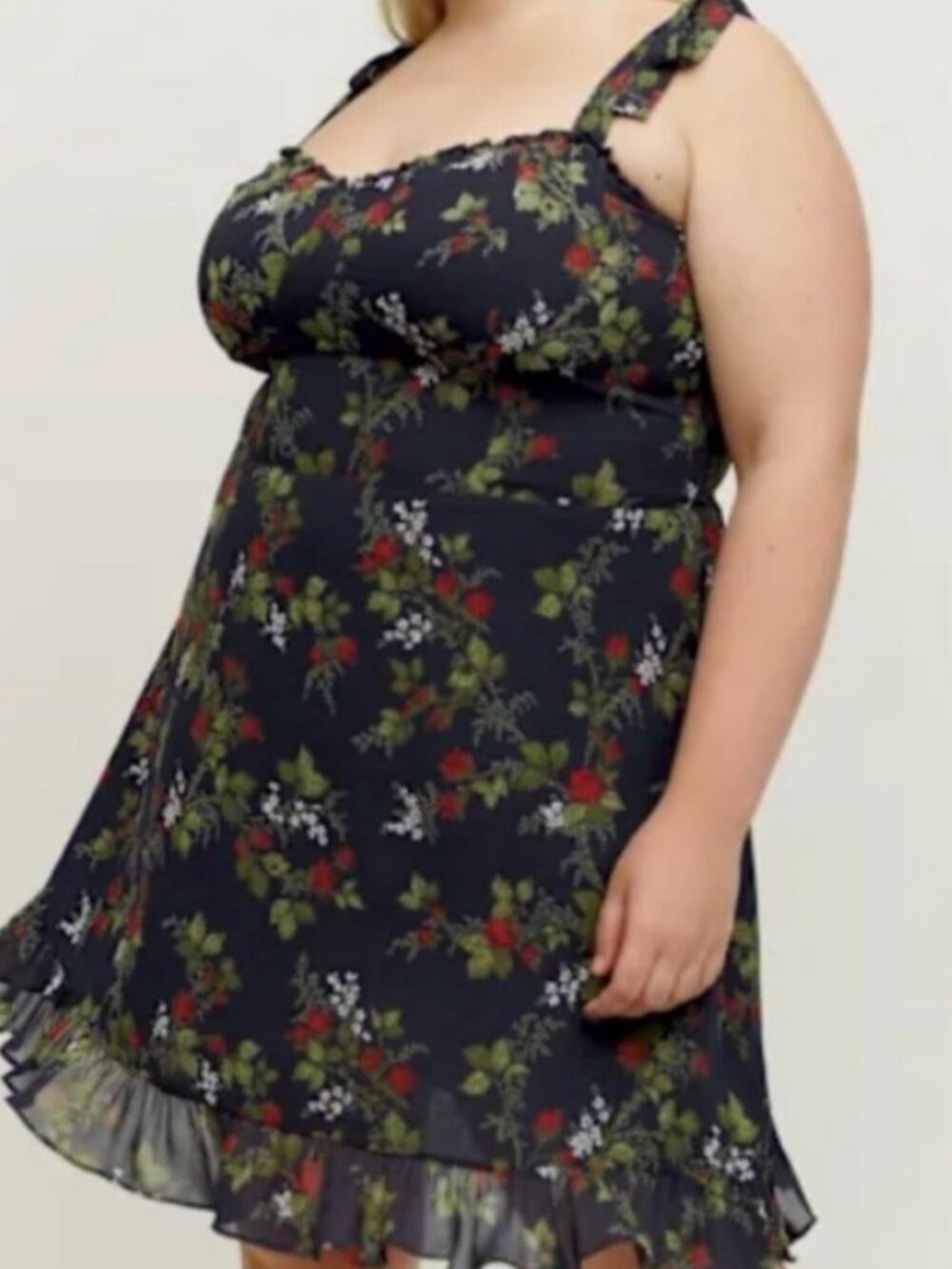 Reformation Christine Mini Dress With Black, Red and Green Floral - Picture 2 of 6